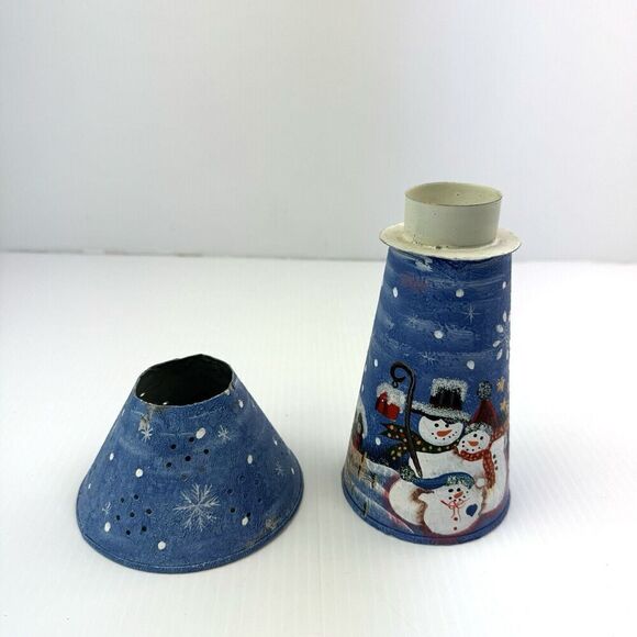 Vintage Christmas Lighthouse Candle Tea Light Snowman Winter Luminary Blue Metal - Picture 5 of 9